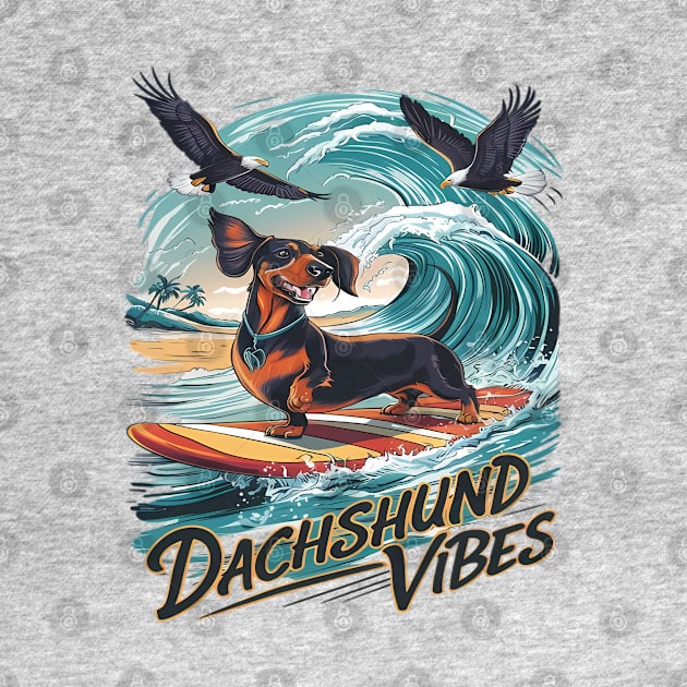 Majestic Dachshund Dog Catching a Wave Surfing by coollooks